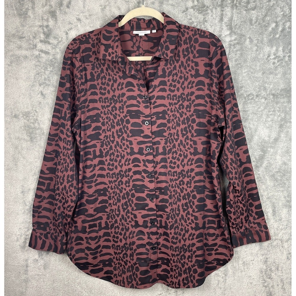 Chico's Shirt Women's 2 L/12 Brown Button Up Animal Print Long Sleeve Top Staple